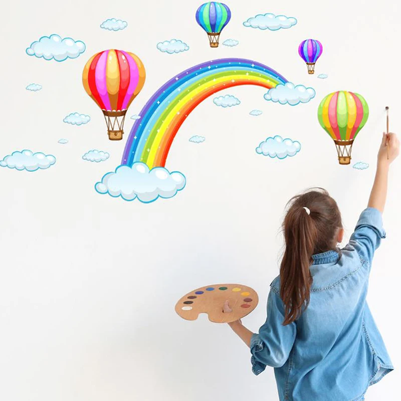 

Cartoon Rainbow Cloud Hot Air Balloon Wall Sticker for kids baby rooms decoration Mural Art Decals home decor stickers wallpaper