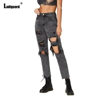 ladiguard women straight leg jeans high cut skinny denim pants solid fashion hole ripped trousers boyfriend mom demin wear femme