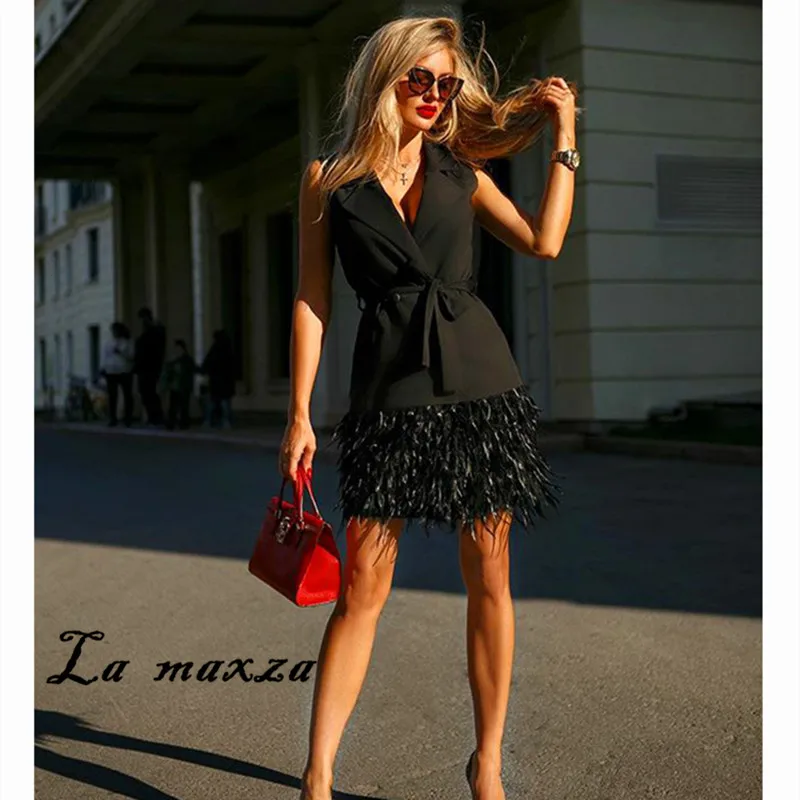 

2020 Casual Fashion Women Patcwork Mini Dress OL Elegant Notched Sleeveless Feather Slim Dress