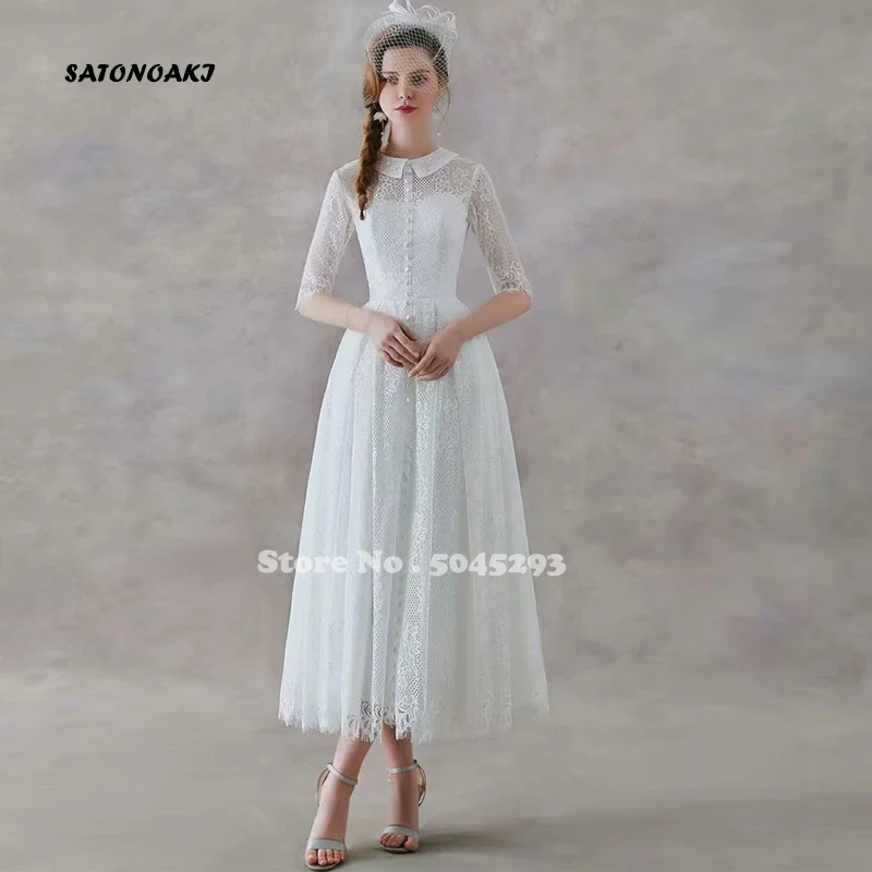 

Elegant Romantic Short Wedding Dress Lace Appliques Half Sleeve Ankle-Length Bride Gown Vestido Novia Robe De Mariée Sukienki