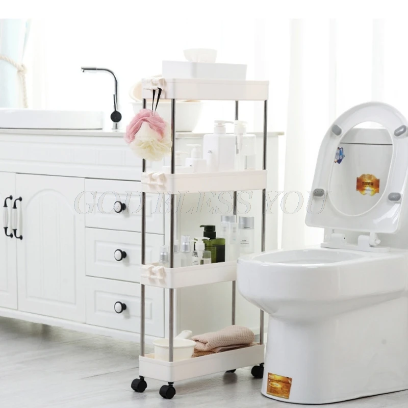 

3/4 Layer Kitchen Crack Storage Rack Movable Pulley Floor-standing Storage Shelf with Hooks Space Saving Organizer for Bathroom