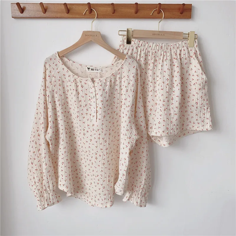 

Korean Pajama Mujer Cherry Print Cotton Yarn Sleepwear Set Long Sleeve Top+Shorts Ruffle Homewear Skin-Friendly Breathable