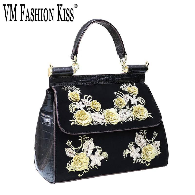 

VM FASHION KISS Classic Luxurious Embroidery Frame Women Handbag And Purse Floral Crocodile Shoulder Bags Totes Messenger Bag