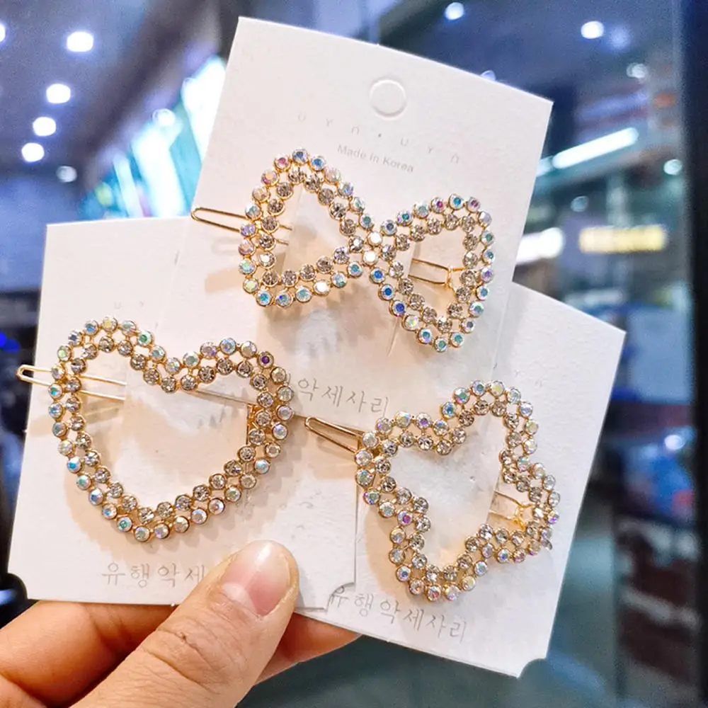 

Fashion Women Love Heart Bow Hair Clips Crystal Rhinestones Hairpins Girls Headwear Geometric Hairgrip Barrette Hair Accessories