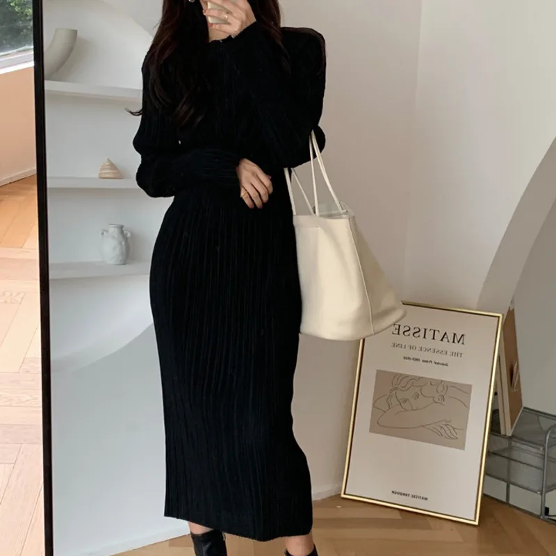 

Женское платье с круглым вырезом, с эластичной талией и длинным рукавом