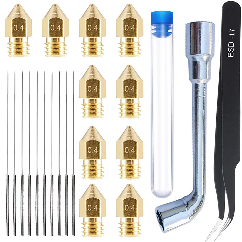 23PCS 3D Printer Nozzle and Cleaning Kit Mk8 Brass Nozzles 0.4 Mm Needles and Tweezers Wrench Tools Kits Stainless Steel Nozzle