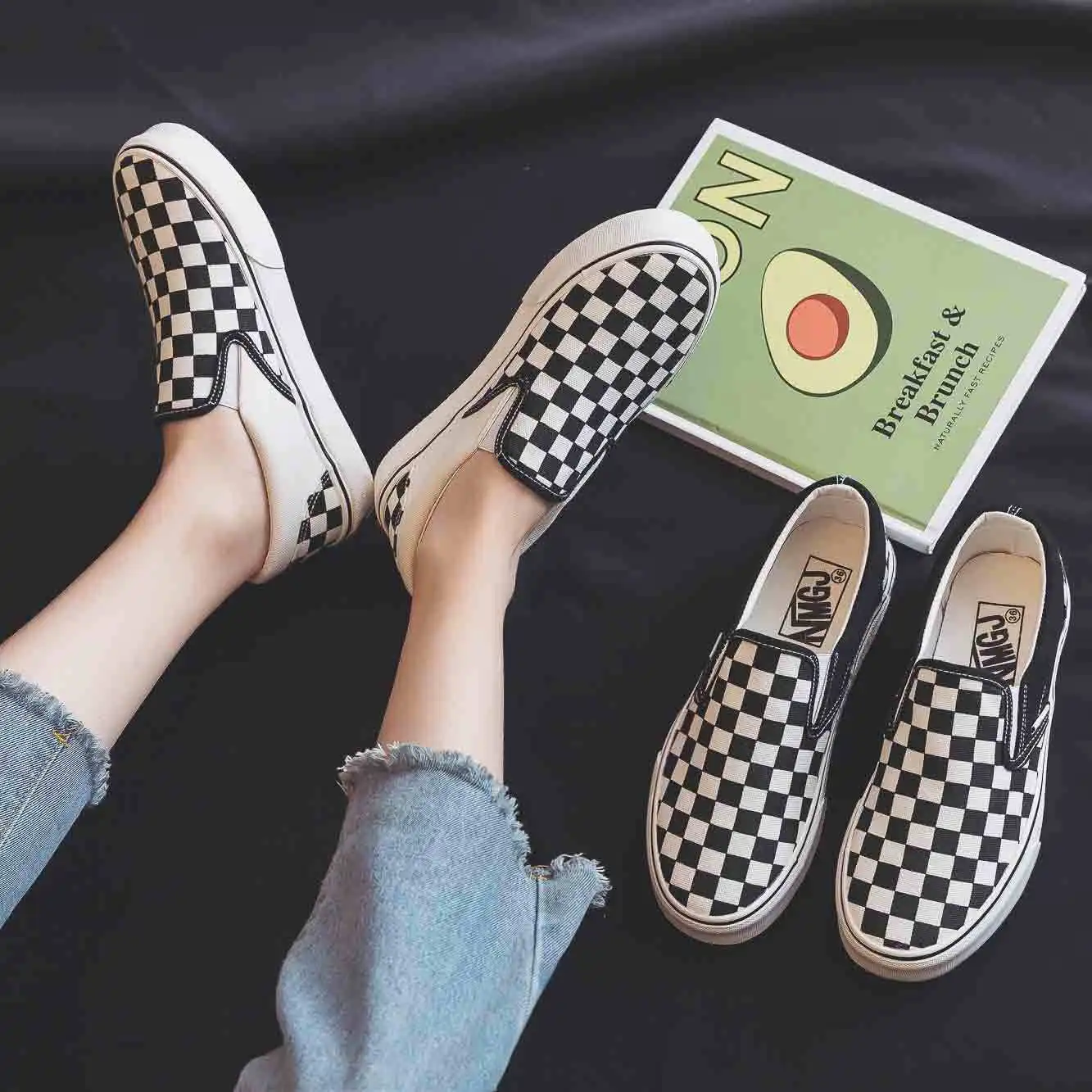 

OLOMM Fashion Spring Women's Lazy Shoes Canvas Shoe Slip-on Checkered Shallow Breathe Inside Rubber Sole Non-slip Set foot