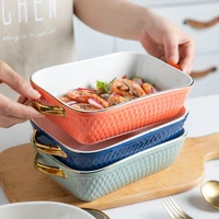 golden side baking tray rectangle oval ceramic glaze baking pan barbecue salad plate oven kitchen gadgets bableware tools best