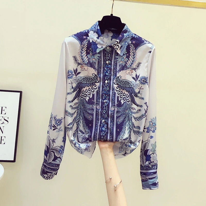 

Blue Women Shirt Chinese Sytle Printing Flowers Office Lady Birds Patterns Fall Tops Casual Women Chiffon Blouse Blusas Mujer