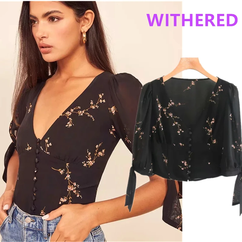 Dave & Di Ins модная блузка с цветочным принтом Сексуальная Блузка для женщин blusas mujer de