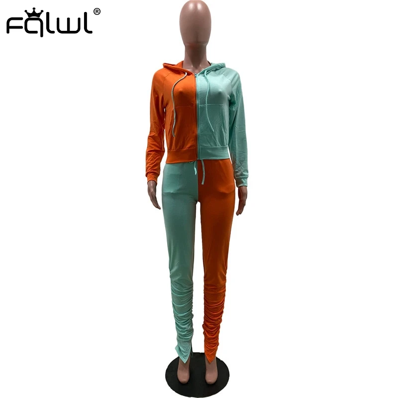 

FQLWL Casual Patchwork 2 Two Piece Set Women Club Outfits Elastic Long Sleeve Hooded Stacked Pants Leggings Women Matching Sets