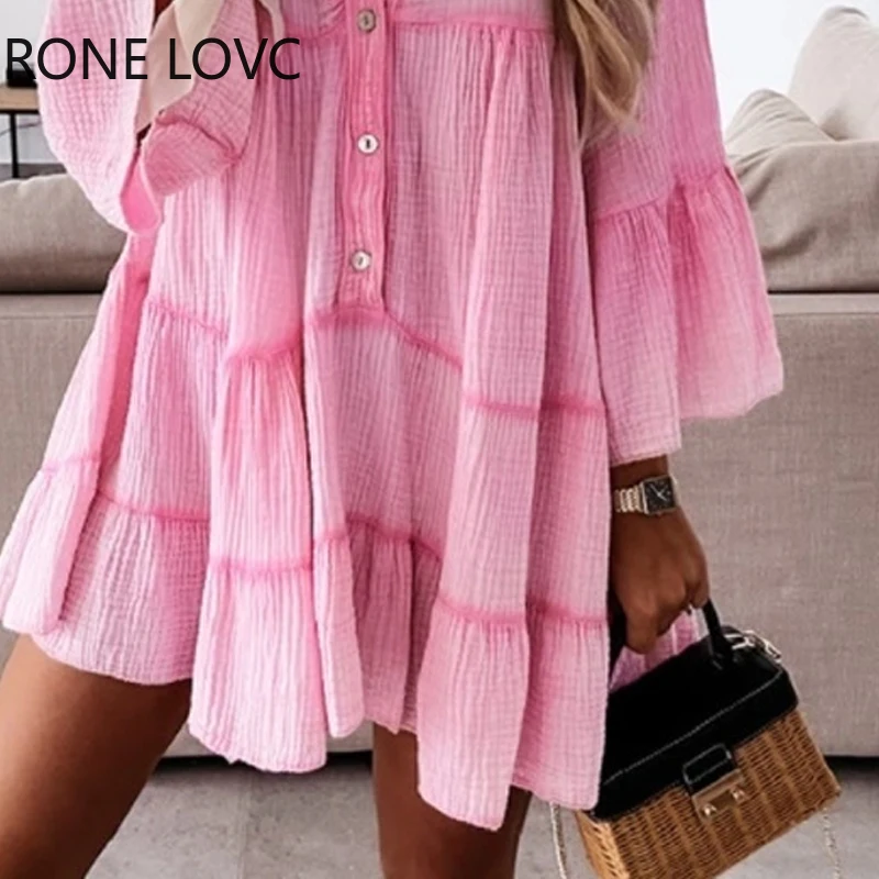 

Women Colorblock Button Design Bell Sleeve Casual Dress Long Sleeves Dress