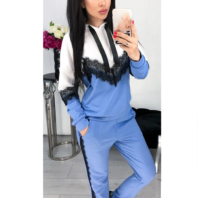 

Sexy Two Pieces Set Women Casual Tracksuit Lace Color Patchwork Hoodies And Elastic Waist Pants Ladies Sportswear SJ4432M