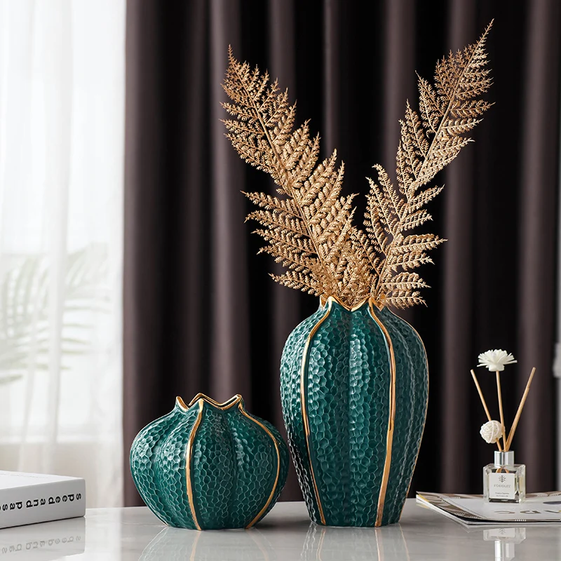 

Creative Dark Green Ceramic Vase Living Room Office Furnishings Dried Flower Flower Arrangement Gilded Pumpkin Vase Home Decor