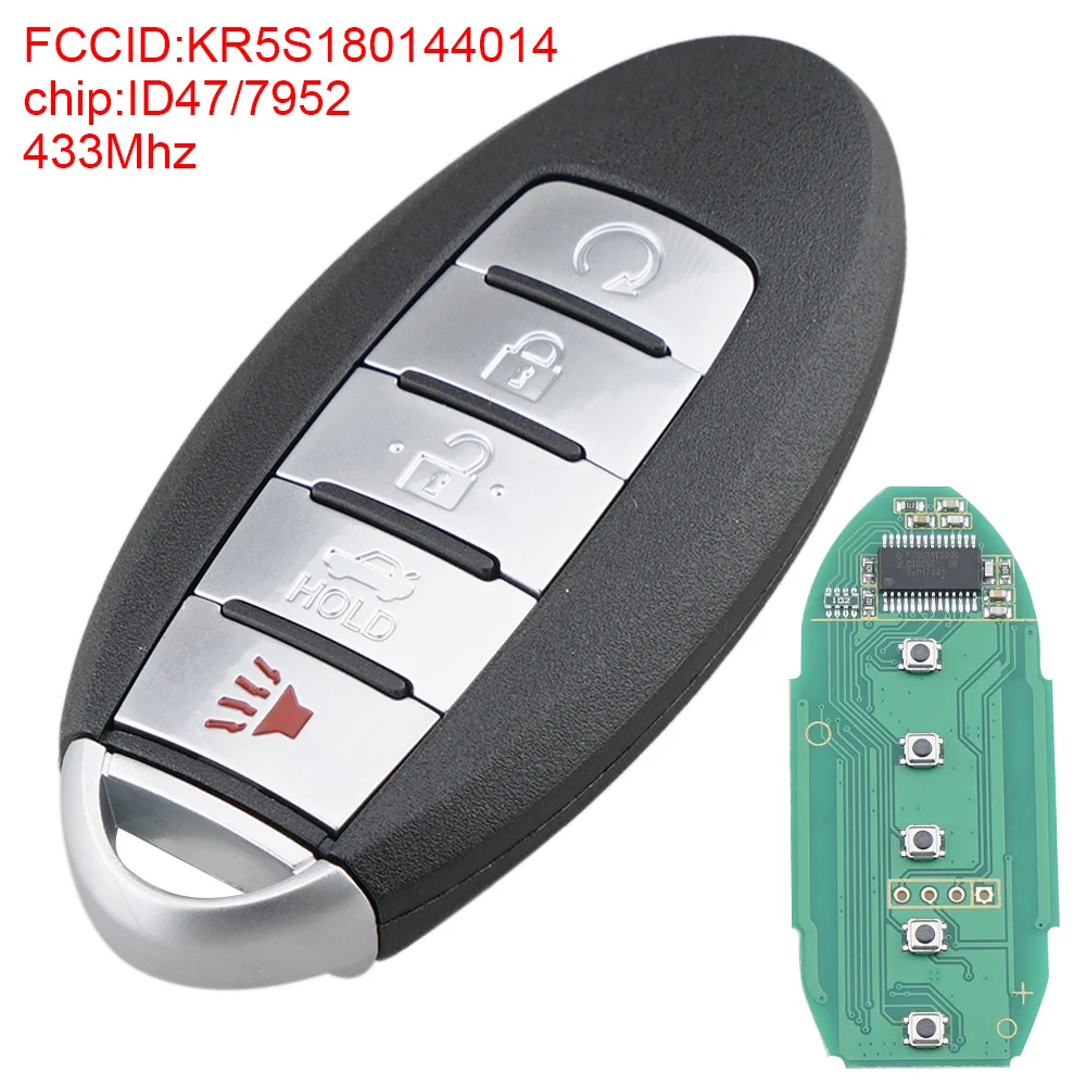 

5 Buttons Black 433Mhz Smart Remote Car Key Fob with ID47/7952 Chip KR5S180144014 Fit for 2013 2014 2015 Nissan-Altima