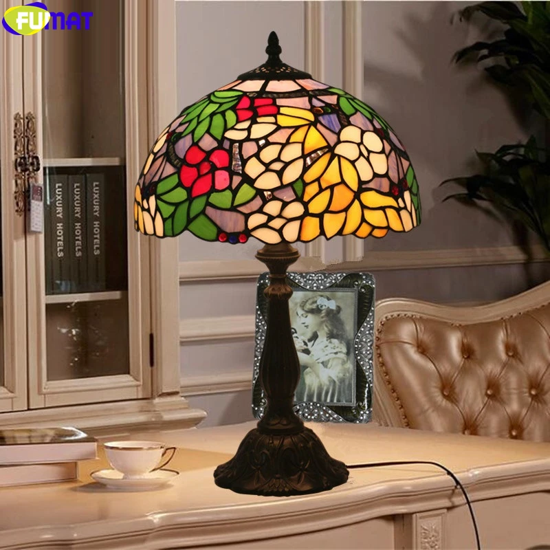 Koop FUMAT Tiffany Bureaulamp Rode Roos Orchidee Geel Bloem Tafel Licht Handwerk Arts Home Decor 12 Inch Stained Glass E27 LED Legering
