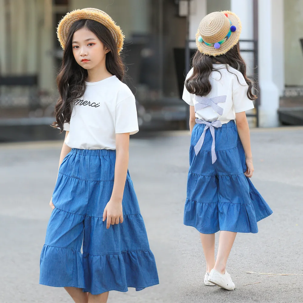

2PCS Toddler Kids Girl Clothing Set 100% Cotton White T-shirt +Denim Trouser Outfits Children Summer Clothes 4-14 Years Girls
