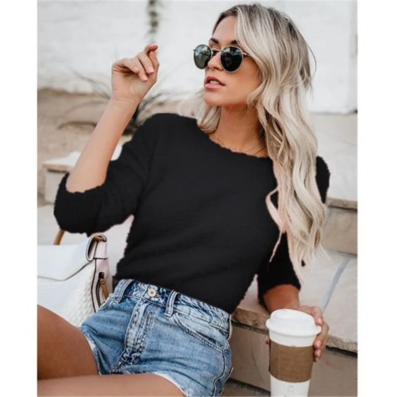 Taniafa Women Tops Mohair Blend Fuzzy Blouse Pullover Jumper Sweater Knitwear | Женская одежда