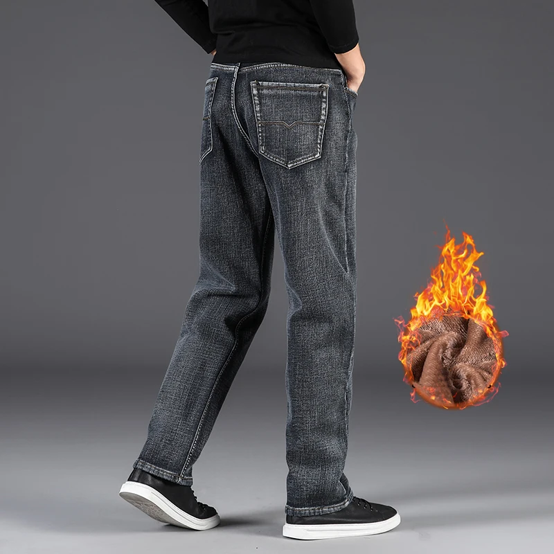 Jantour Winter Men Jeans Thicken Warm Fleece Business Casual Stretch Denim Retro Classic Loose Gray Pants big size 30-40 42 44 | Мужская