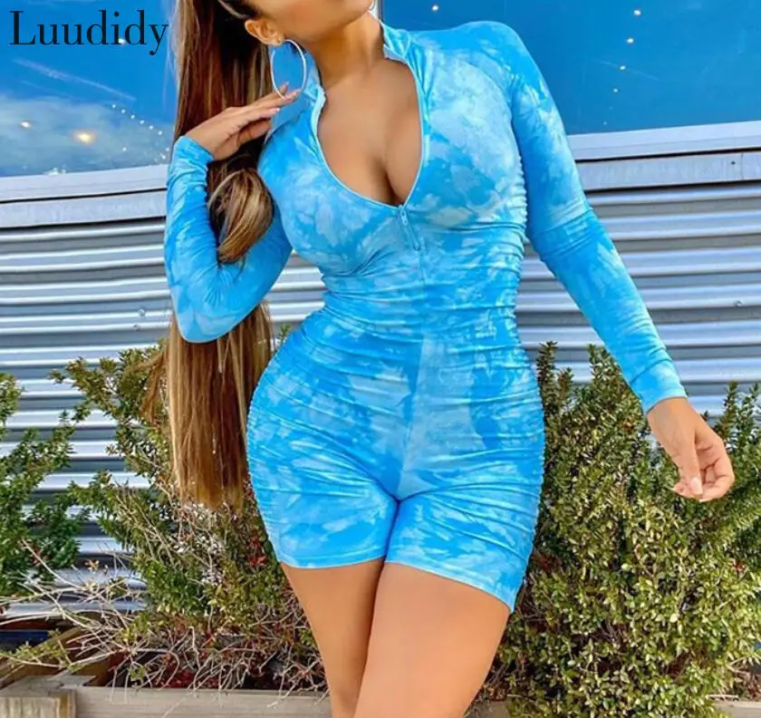 

Tie Dye Print Playsuit Women Sexy Short Sleeve Fashion Zipper Shorts jumpsuit
