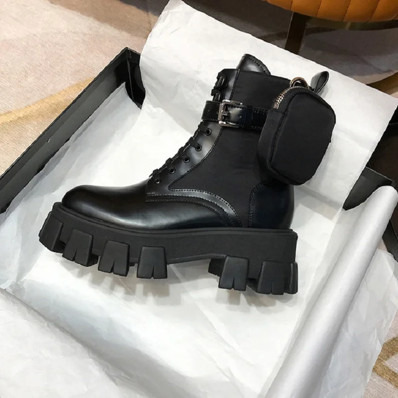 

Women Ankle Boots 2021 Fashion Microfiber Leather High Quality Brand With Bag Decoration Thick Platform Round Toe Shoes With Box