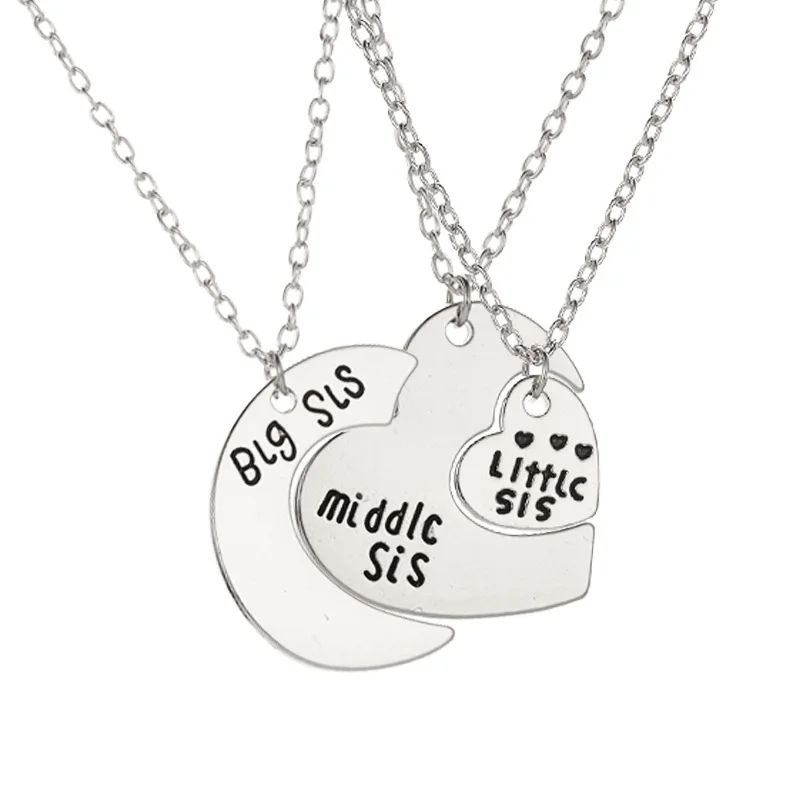

100pcs/lot fashion letter love three-piece necklace BIG/MIDDLE/LITTLE family moon heart pendant