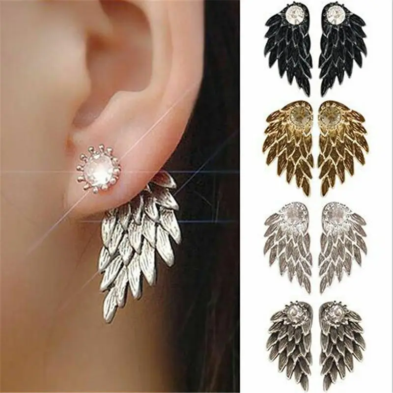 

2018 Women's Angel Wings Stud Earrings Rhinestone Inlaid Alloy Ear Jewelry Party Earring Gothic Feather Gifts