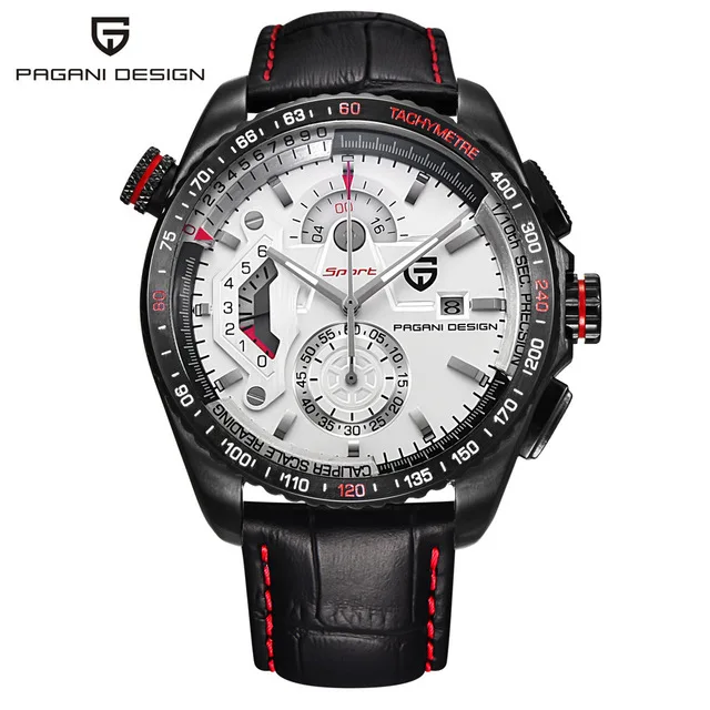 PAGANI Роскошные Брендовые спортивные часы с хронографом мужские Reloj Hombre Водонепроницаемые кожаные кварцевые часы черные часы Relogio Masculino - Цвет: Black White
