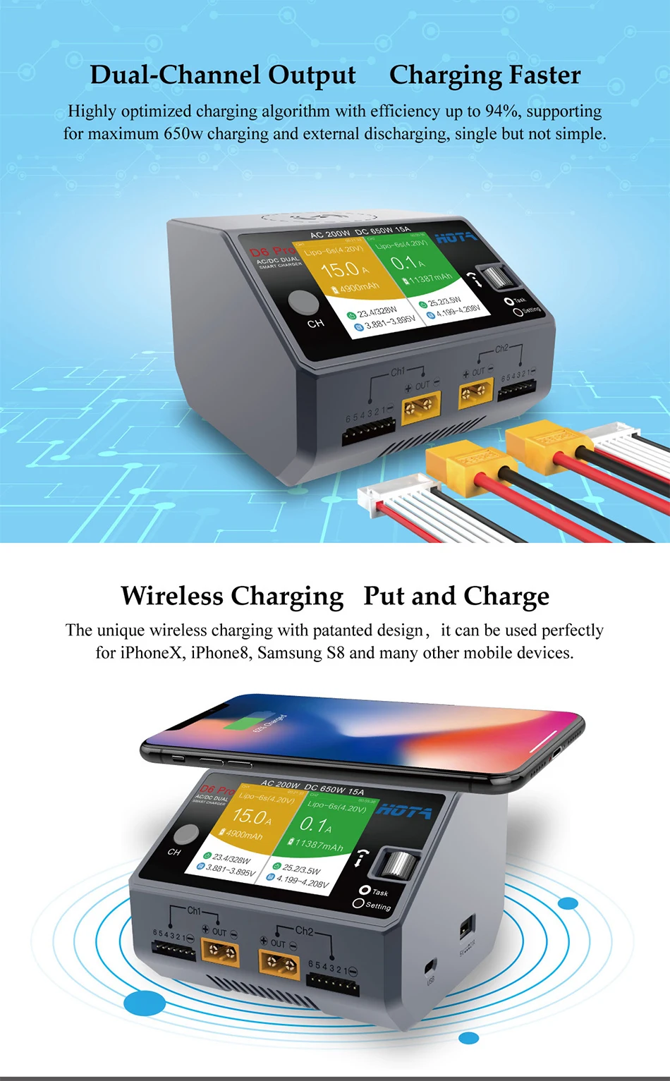 HOTA D6 Dual/Pro умное зарядное устройство AC200W DC650W 15A для lipo Liion NiMH батарея с iPhone samsung Беспроводная зарядка