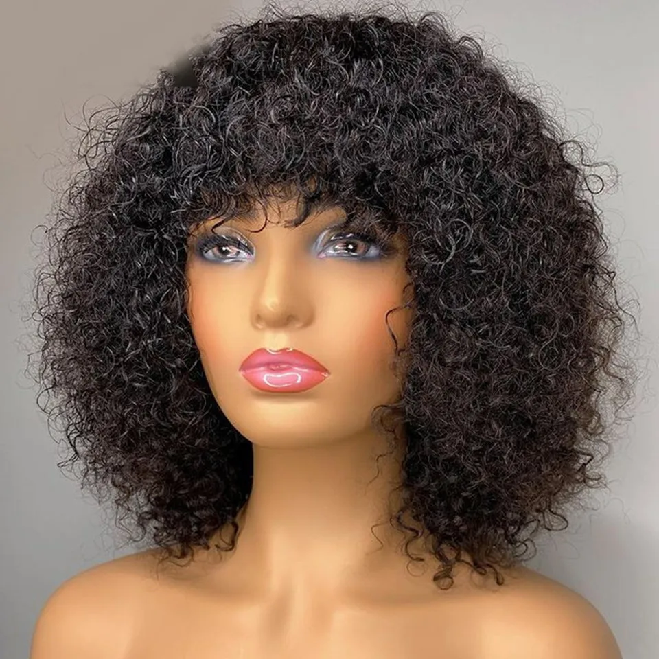 

Afro Kinky Curly Wig With Bangs 13x4 Lace Front Human Hair Wig 180Density Remy Brazilian Ombre Brown Short Curly Human Hair Wigs