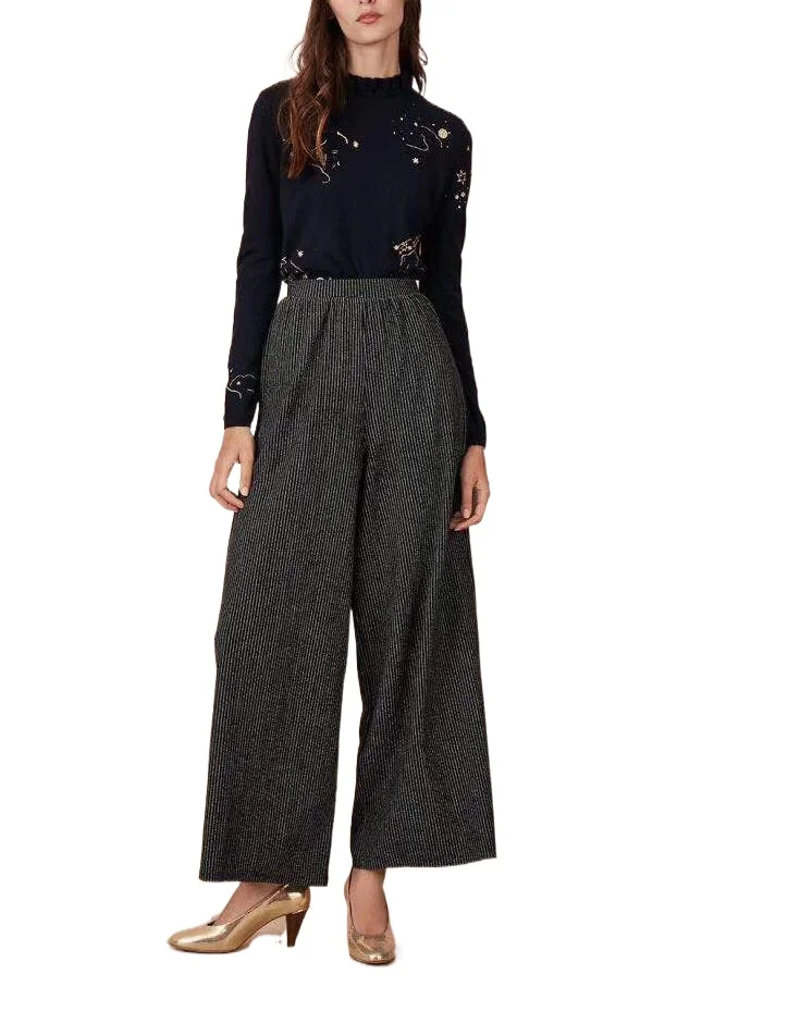 

Autumn Mixed Women Pants Gold Silk Good Quality EA Classic Striped Elastic High Waist Straight Casual Loose Wide-leg Harem Pants