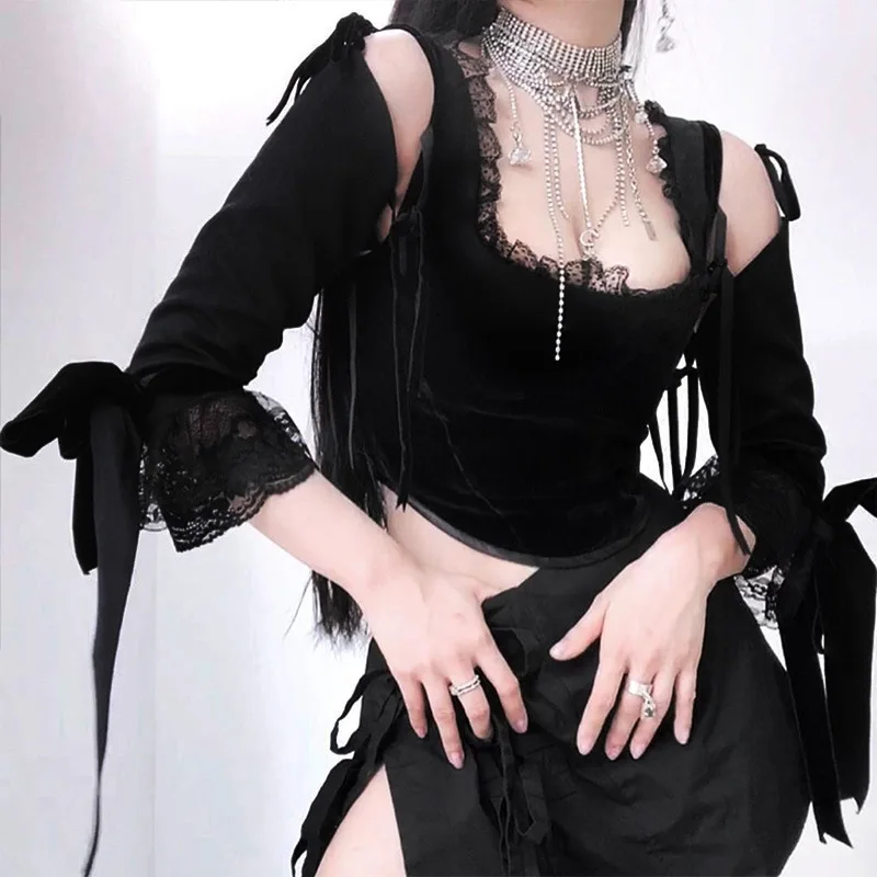 

Emo Girls Design Lace Crop Tops Long Sleeve Top Stitching Horn Sleeve New T-shirt Women Goth Clothes Party Fanshion Sexy Outfit