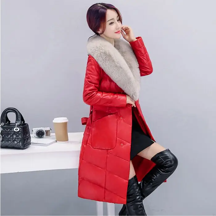 Зимние женские пальто Длинная кожаная куртка женская мода большой меховой