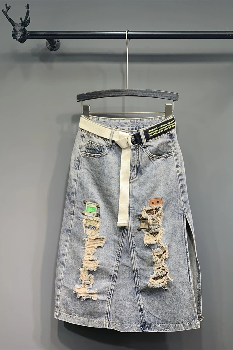 

Women's Jeans Skirt Denim Blue High-Waist Spliced Tassel Casual Hole Women DM001