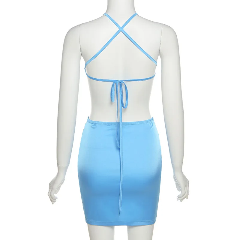 

Sexy Open Back Halter Mini Dresses for Women 2021 Fashion Summer Clubwear Sundresses Blue Satin Bodycon Dress