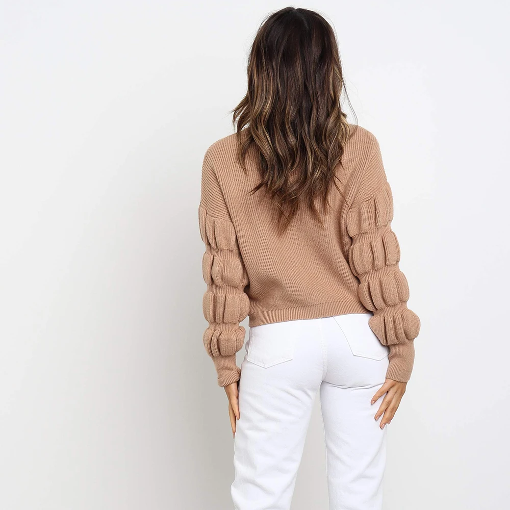 Women Autumn Outfit High Collar Knit Oversized LADY fashion Sweaters Pure Color Long Leisure Puff Sleeve Sweater | Женская одежда