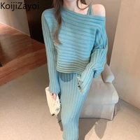 koijizayoi knitted women two pieces sets dress slip solid bodycon maxi robe sexy slash neck pullovers ladies fashion suit chic