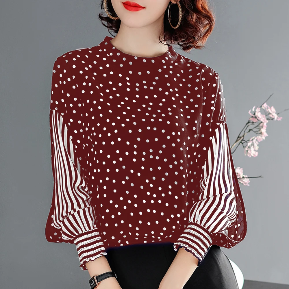 Женская шифоновая рубашка с газовыми волнами и полосатыми рукавами свободная