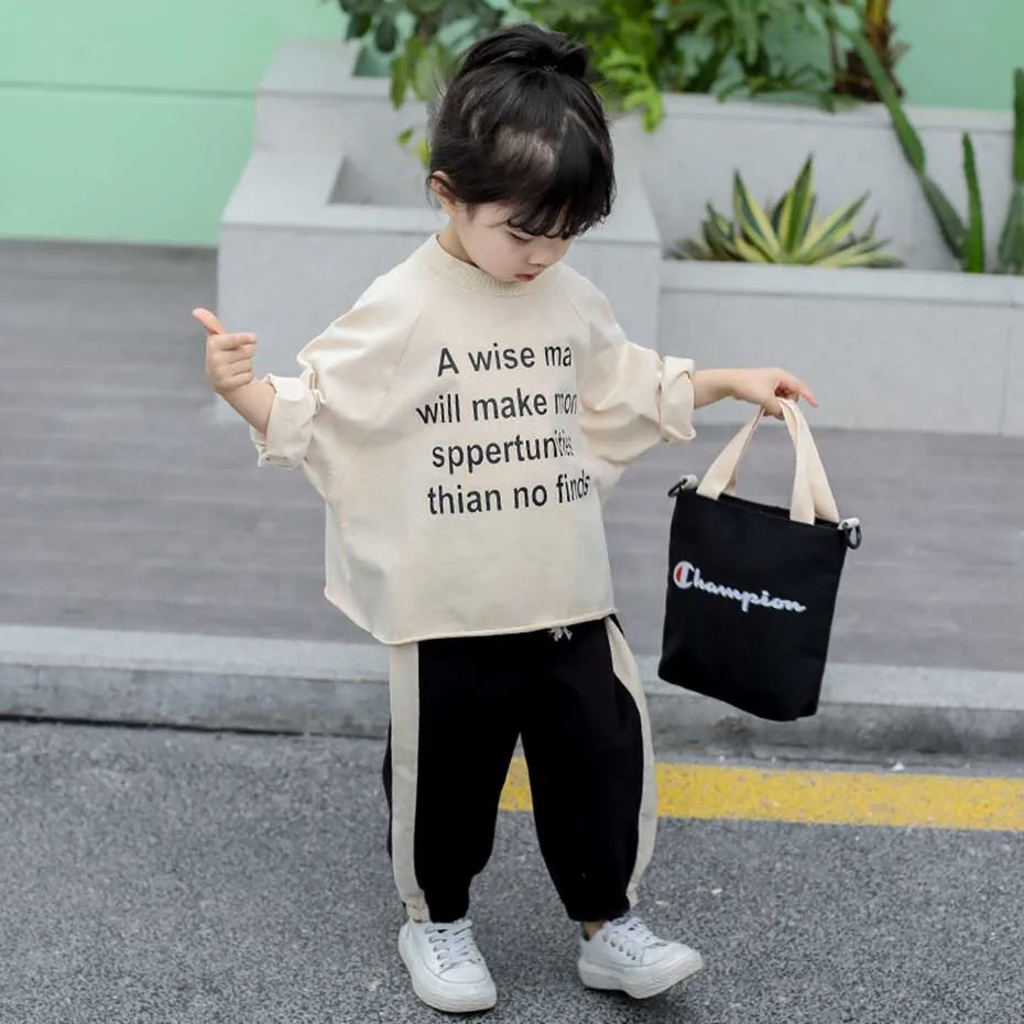 Новинка детская одежда футболка с буквенным принтом + штаны 2 шт. для девочек