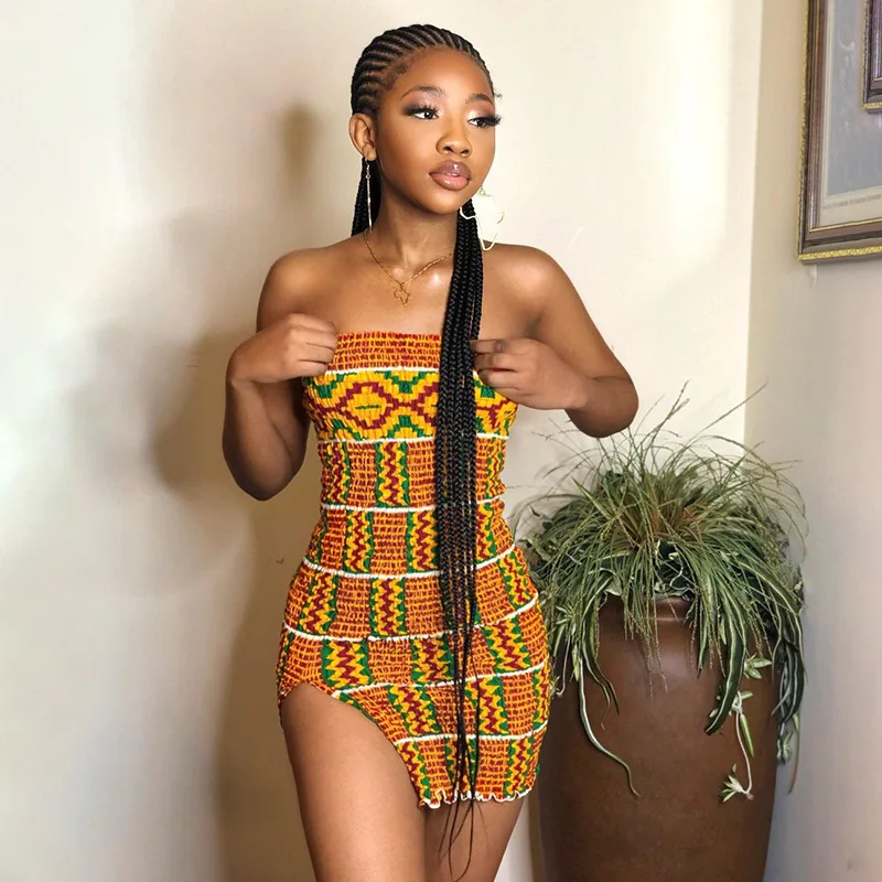 

Sexy Summer Short African Dresses for Women 2021 Smocked Stretchy Tube Top Backless Bodycon Mini Dress Dresses for Women