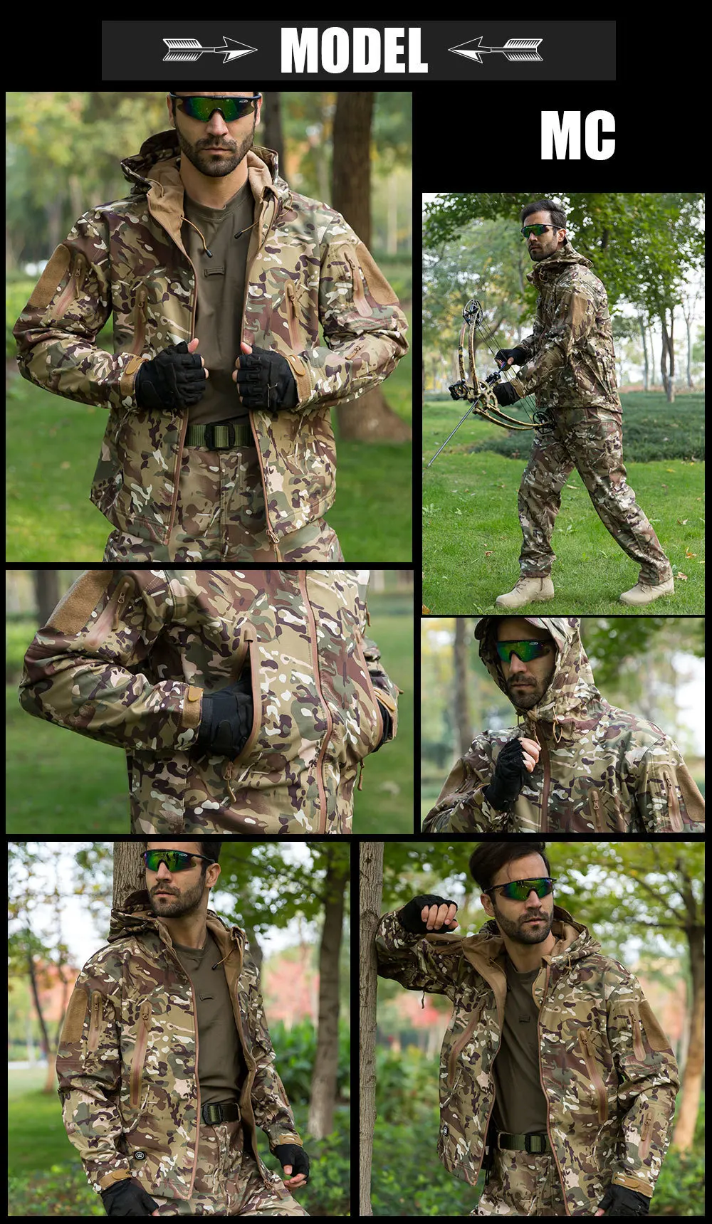 Тактическая куртка для охоты на открытом воздухе из кожи акулы, водонепроницаемая куртка из полиэстера для кемпинга, камуфляжная армейская куртка с капюшоном