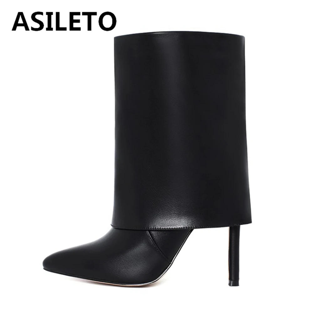 

ASILETO Women Mid-Calf Boots Sexy Solid Folds Boots Pointed Toe Thin Heels Stiletto Party Shoes High quality Female boats Cool