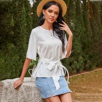 2021 summer new temperament ladies chiffon top casual loose trumpet sleeve lace up waist top women