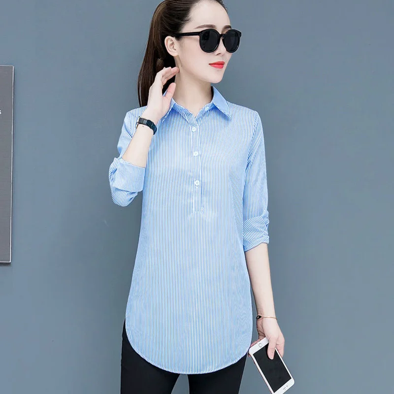 

Plus Size Women Spring Autumn Style Blouses Shirts Lady Casual Long Sleeve Turn-down Collar Striped Printed Blusas Tops DD8931