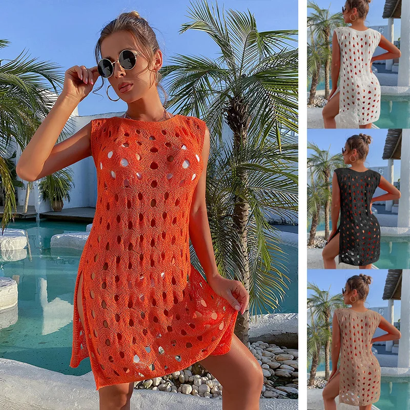 

2022 New Crochet Bikini Cover Up Mini Beach Cover-ups Women Sexy Hollow out Split Beach Dress Summer Bathing Suit Beachwear