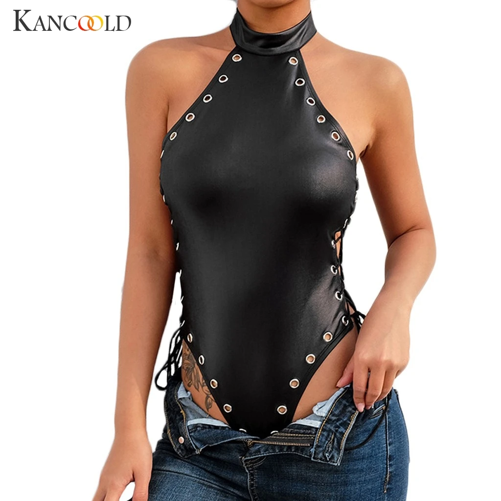 Модный женский боди KANCOOLD из искусственной кожи на шнуровке без рукавов с лямкой