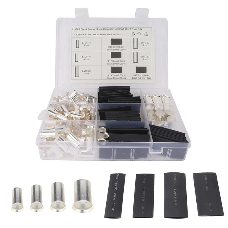 

215 PCS AWG 4 2 1 2/0 Wire Ferrule Silver Plated Copper Crimp Connector with Heat Shrink Tube