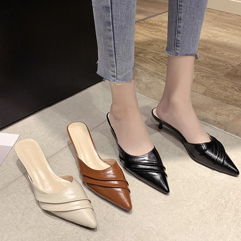 

Women's Slippers 2021 Summer New Pointed Toe Slides Shallow Leather Thin Heeled Women Shoes Slipper Sandals Zapatos De Mujer