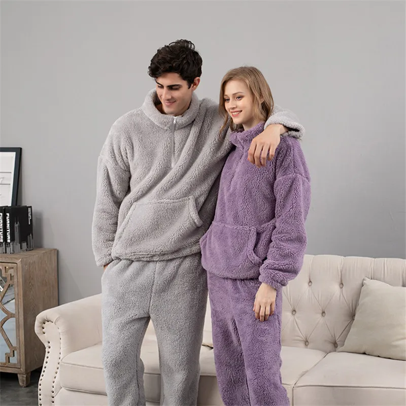 

Flannel Winter Pajamas Set Thickening 2 Pieces Women Couple Sleepwear Casual Loose Man Warm Homewear Nightwear