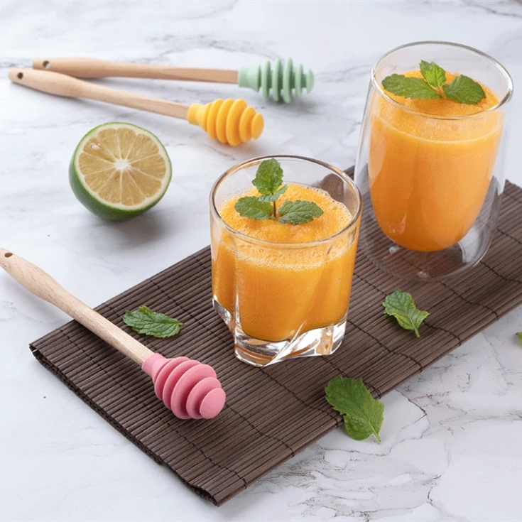 

Silicone Stirrer Spoon Honey Sauce Beech Wood Handle Practical coffee milk tea stir bar Dipper Sticks Kitchen Accessories Gadget